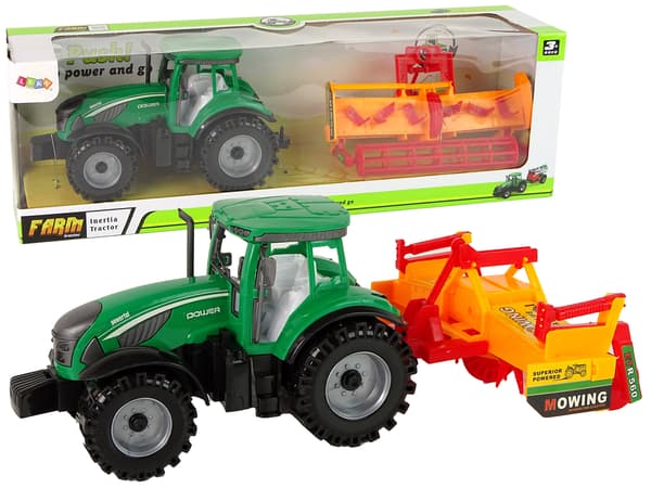 Grön traktor med orange kultivatordrift för barn