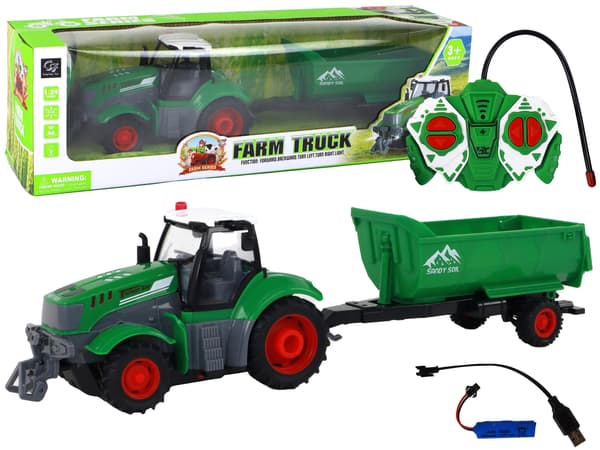 Fjärrstyrd traktor R/C traktor med släp 1:24 Lyser grönt