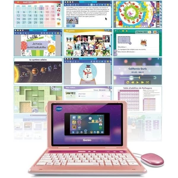 VTECH Genio Barndator - AZERTY Tangentbord, Mus, 5'' Skärm, 8GB Minne - Rosa