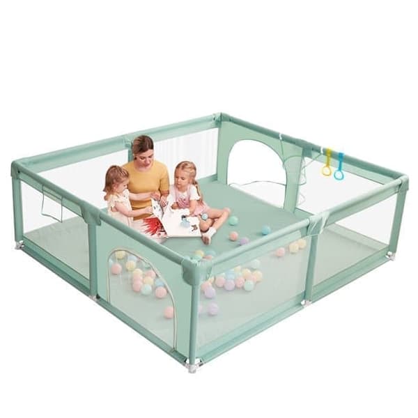 Legeplads til baby Legeplads 150 x 180 cm med opbevaringstaske Aktivitetscenter Skridfri base, åndbar Mesh Safety Playground, grøn