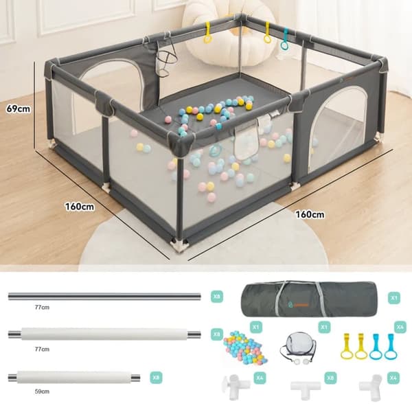 Legeplads til baby Legeplads 160 x 160 cm med opbevaringstaske Aktivitetscenter Skridsikker overflade, åndbar Mesh Safety Playground, grå