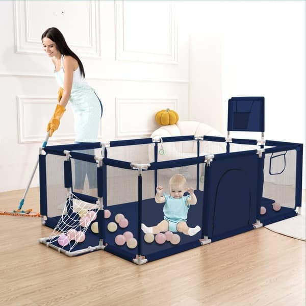 Baby Lekpenna, 180 x 122 x 61cm Lekpenna Barrier, Andningsbart Mesh, Anti-kollision Lekpenna, Baby Lekpenna, Lekpenna, Färg: Blå