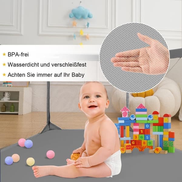 Baby Legeplan Bærbar Børn Hegn med Åndbart Net Foldbar Legeplan Stabil Legeplan, Grå