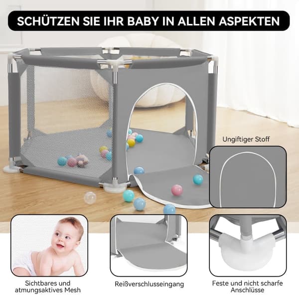 Baby Legeplan Bærbar Børn Hegn med Åndbart Net Foldbar Legeplan Stabil Legeplan, Grå