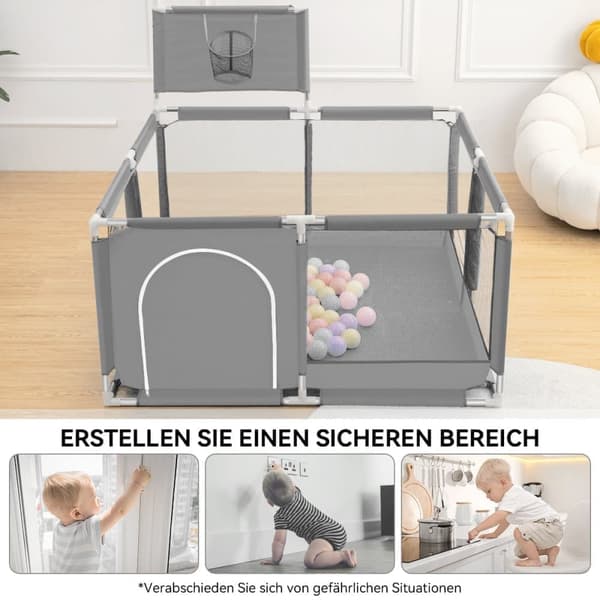 Baby Playpen Barrier koripallokorilla, Hengittävä Mesh Playpen lapsille, Väri: Harmaa, 128 x 128 x 66 cm