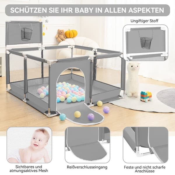 Baby Playpen Barrier koripallokorilla, Hengittävä Mesh Playpen lapsille, Väri: Harmaa, 128 x 128 x 66 cm