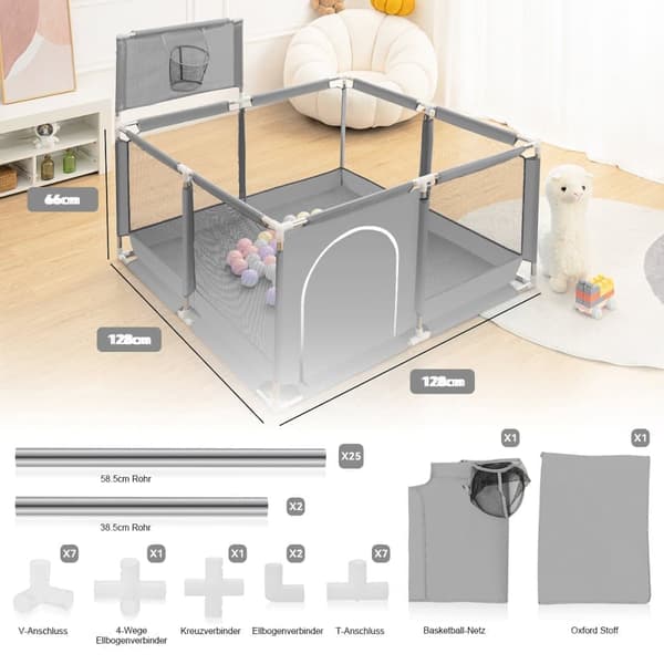 Baby Playpen Barrier koripallokorilla, Hengittävä Mesh Playpen lapsille, Väri: Harmaa, 128 x 128 x 66 cm