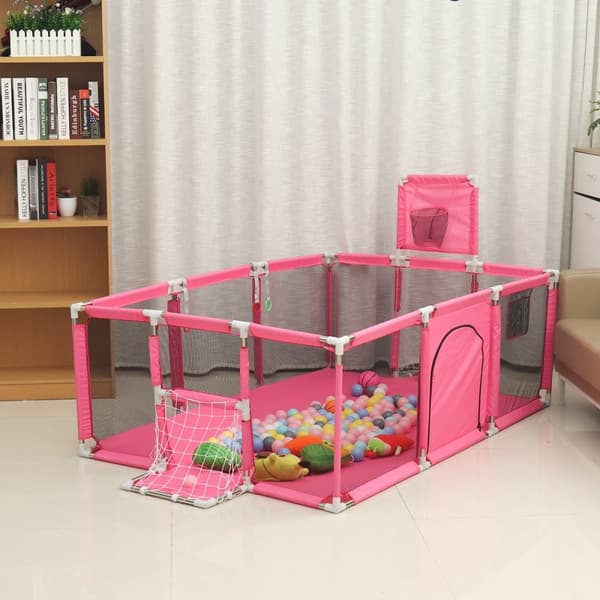 Leikkikehä Baby Ball Pit Vauvan leikkikehä koripallorenkaalla (ja jalkapallomaalilla), 181x122x61cm, vaaleanpunainen, ilman meripalloa