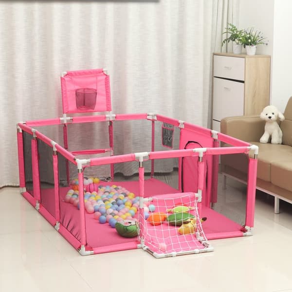 Leikkikehä Baby Ball Pit Vauvan leikkikehä koripallorenkaalla (ja jalkapallomaalilla), 181x122x61cm, vaaleanpunainen, ilman meripalloa