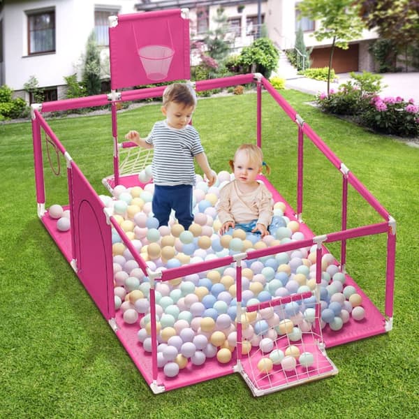 Leikkikehä Baby Ball Pit Vauvan leikkikehä koripallorenkaalla (ja jalkapallomaalilla), 181x122x61cm, vaaleanpunainen, ilman meripalloa