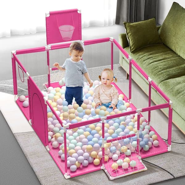 Leikkikehä Baby Ball Pit Vauvan leikkikehä koripallorenkaalla (ja jalkapallomaalilla), 181x122x61cm, vaaleanpunainen, ilman meripalloa