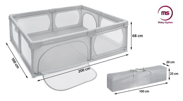 Moby-System kravlegård til babyer, aktivitetscenter til babyer, med skridsikker, stabil, beskyttende, vandtæt, bæretaske, 200 x 160 cm, grå