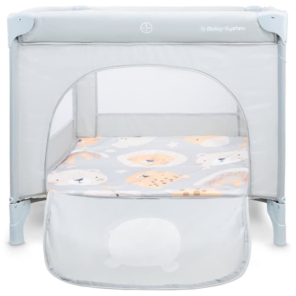 Moby-System kravlegård med madras og transporttaske, stor, foldbar, hjul med lås, stabil ramme, skridsikre puder, 97 x 100 x 77 cm,