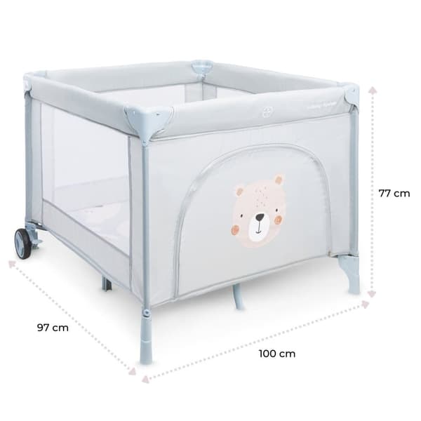 Moby-System kravlegård med madras og transporttaske, stor, foldbar, hjul med lås, stabil ramme, skridsikre puder, 97 x 100 x 77 cm,