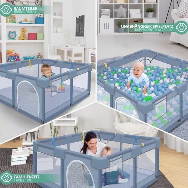 XMTECH Baby lekhage med 30 bollar, Säkerhetslekhage för barn i åldrarna 0 till 3 år med ventilerande mesh, 130x130x66cm, Grå