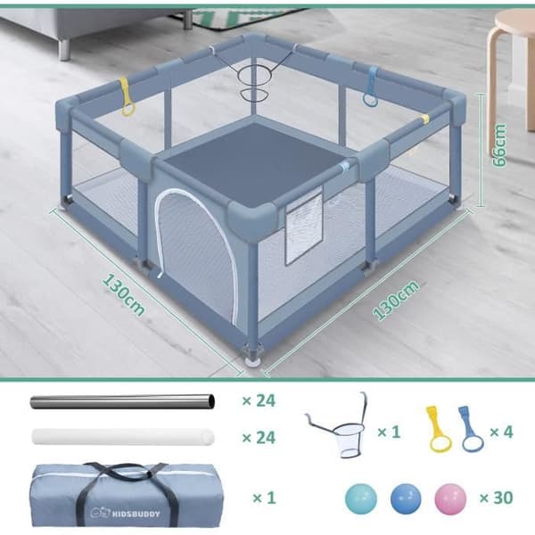 XMTECH Baby lekhage med 30 bollar, Säkerhetslekhage för barn i åldrarna 0 till 3 år med ventilerande mesh, 130x130x66cm, Grå