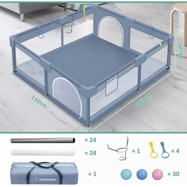 XMTECH Baby lekhage med 30 bollar, Säkerhetslekhage för barn i åldrarna 0 till 3 år med ventilerande mesh, 150x180x66cm, Grå