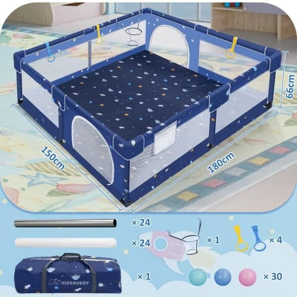 XMTECH Baby lekhage med 30 bollar, Säkerhetslekhage för barn i åldern 0 till 3 år med ventilerande mesh, 150x180x66cm, Blå