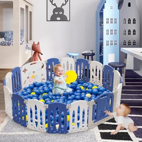 YUENFONG hopfällbar barnlekhage med dörr och leksakstavla, XXL-lekhage i plast, modulär lekhage, BPA-fri, 18 paneler