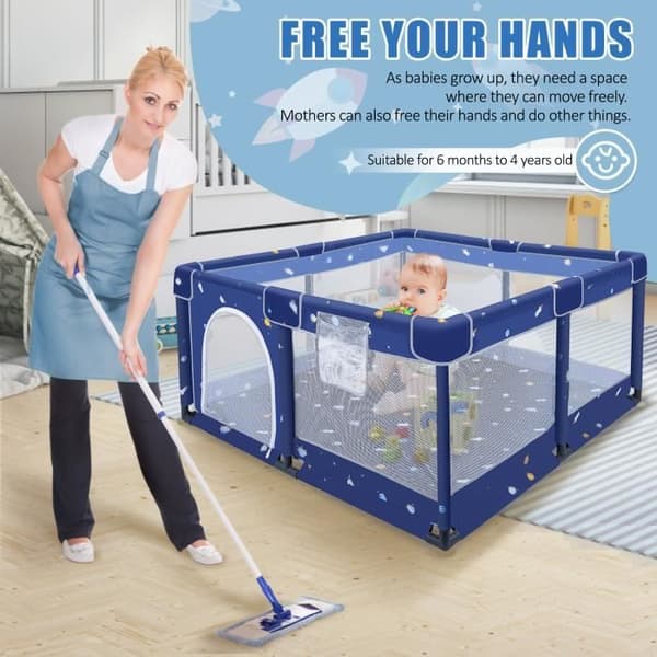 XMTECH Baby lekhage med 30 bollar, Säkerhetslekhage för barn i åldern 0 till 3 år med ventilerande mesh, 130x130x66cm, Blå
