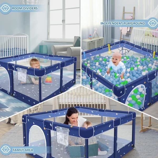 XMTECH Baby lekhage med 30 bollar, Säkerhetslekhage för barn i åldern 0 till 3 år med ventilerande mesh, 130x130x66cm, Blå