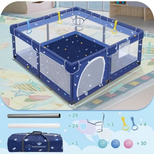 XMTECH Baby lekhage med 30 bollar, Säkerhetslekhage för barn i åldern 0 till 3 år med ventilerande mesh, 130x130x66cm, Blå