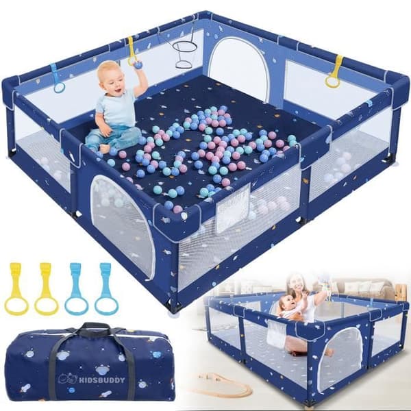 XMTECH Baby lekhage med 30 bollar, Säkerhetslekhage för barn i åldern 0 till 3 år med ventilerande mesh, 130x130x66cm, Blå