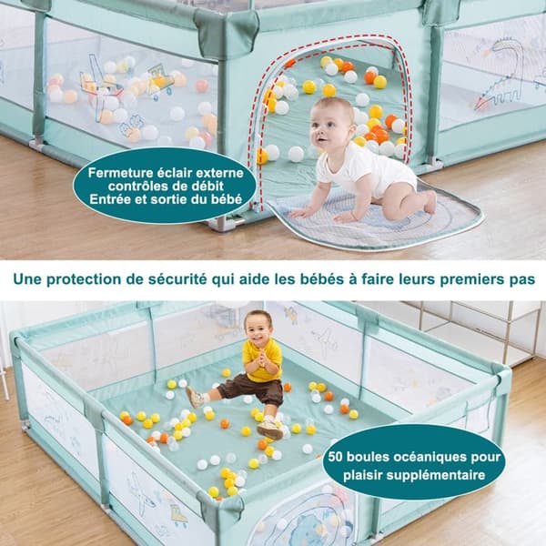 Barn med halkfri bas och andningsbart nät, lekhage med säkerhetsdörr för baby - grön