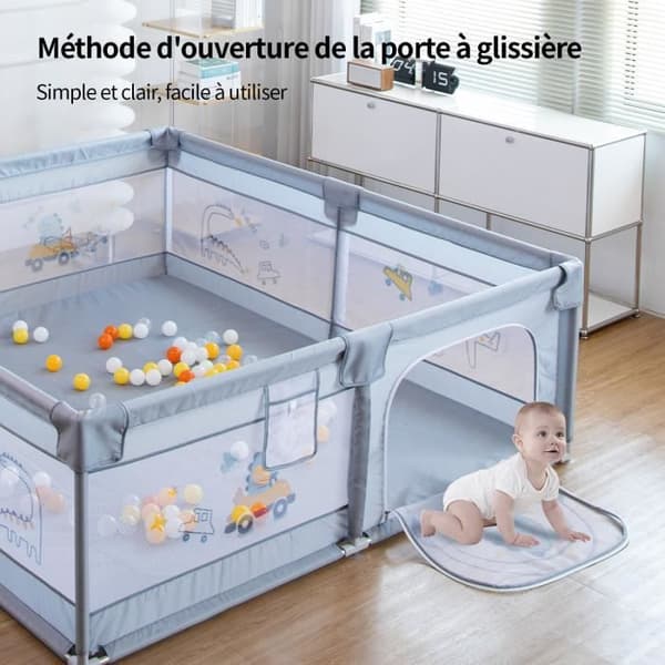 Bädd för baby med halkfri botten och andningsbart nät, lekrum med säkerhetsdörr, lekstängsel för baby - grå