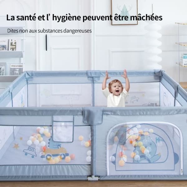 Bädd för baby med halkfri botten och andningsbart nät, lekrum med säkerhetsdörr, lekstängsel för baby - grå
