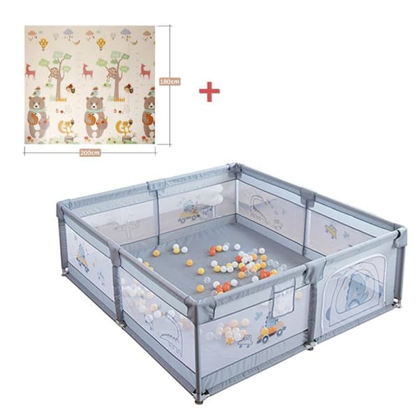 Bebispark med 60 bollar - Med matta - 2 dragringar - Bärbart aktivitetscenter för barn - 180x200x65cm - Grå