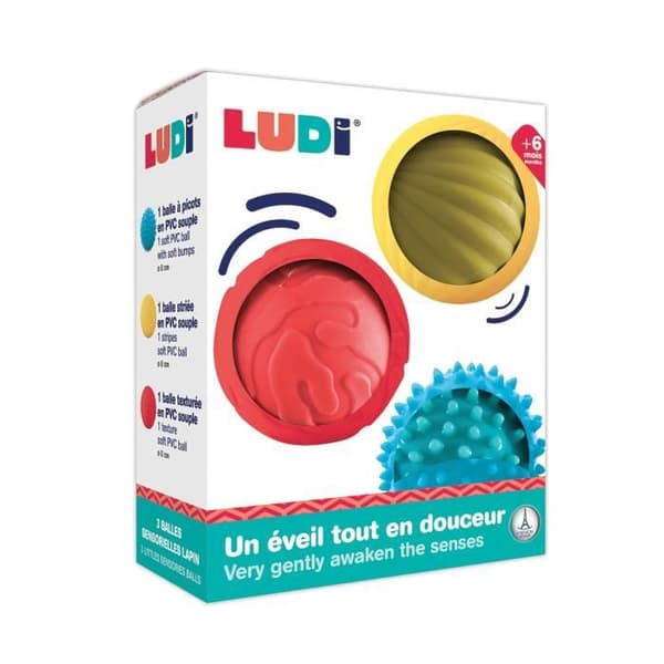 LUDI - Box med 3 mjuka, lättgreppade sensoriska bollar för spädbarn från 6 månader och uppåt