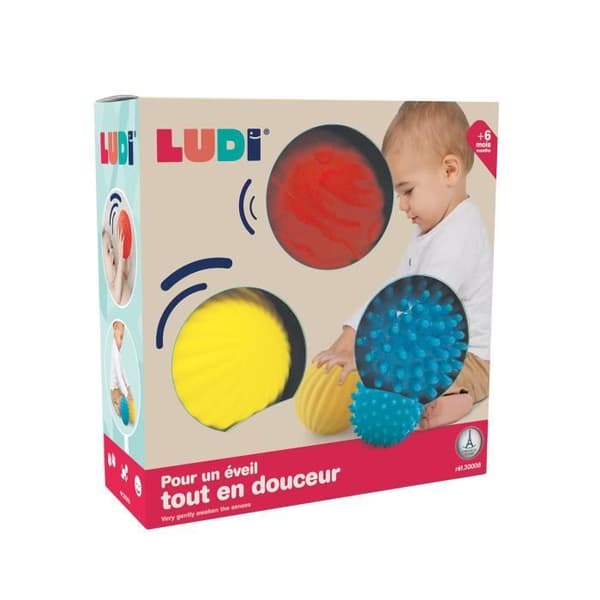 LUDI - Box med 3 mjuka, lättgreppade sensoriska bollar för spädbarn från 6 månader och uppåt