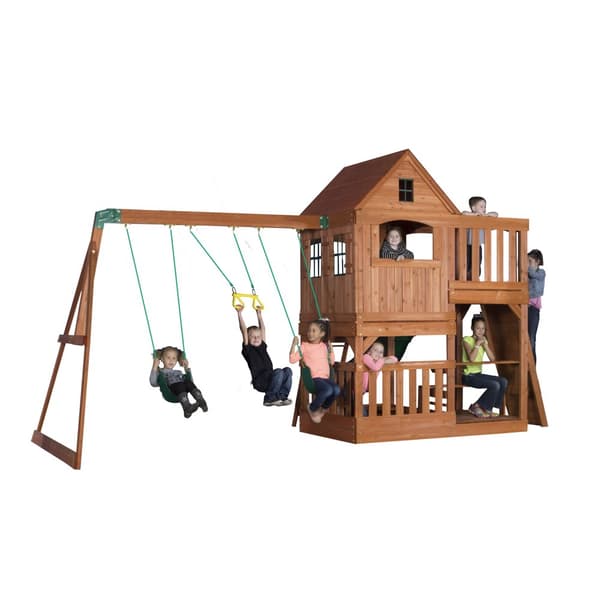 Backyard Discovery Hill Crest lekställning , lekställning barn i trädgården | Gungor, rutschkana, sandlåda, klättervägg | Lekstuga för barn i trä