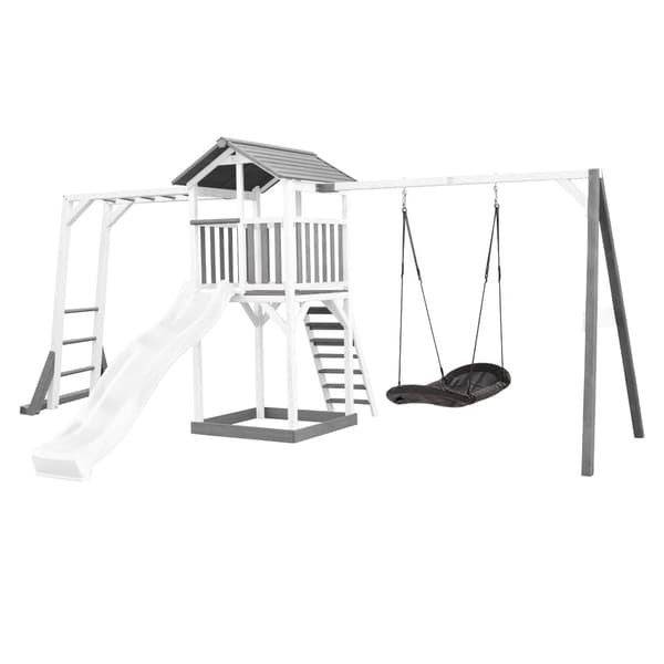 AXI Beach Tower Lekplatsutrustning av trä i grått och vitt | Lekplats torn med sandlåda, klätterställning, gunga och vit rutschkana