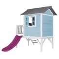 Miniatyrbild 3 av 7: AXI Beach Lodge XL Lekstuga blå med lila rutschkana | Lekstuga på styltor med veranda i FFC-trä | Små lekredskap för trädgården