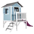 Miniatyrbild 2 av 7: AXI Beach Lodge XL Lekstuga blå med lila rutschkana | Lekstuga på styltor med veranda i FFC-trä | Små lekredskap för trädgården