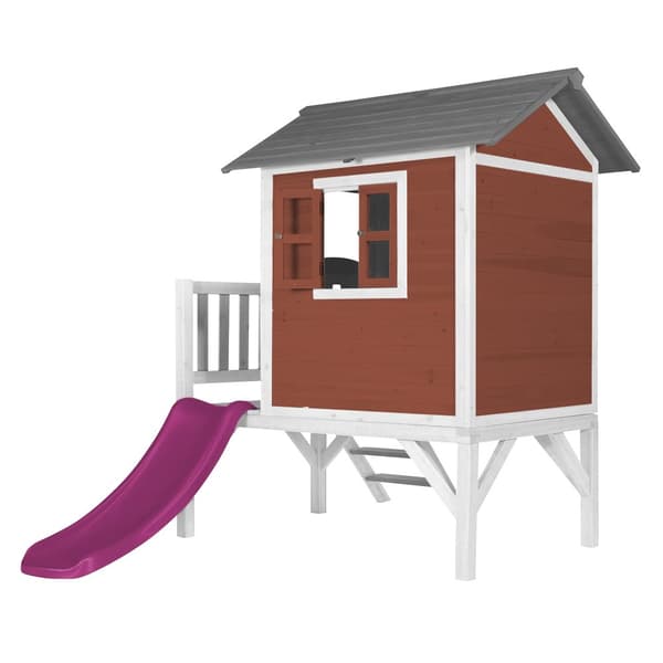 AXI Beach Lodge XL Lekhus Röd med lila rutschkana | Lekhus på styltor med veranda i FFC-trä | Små lekredskap för trädgården
