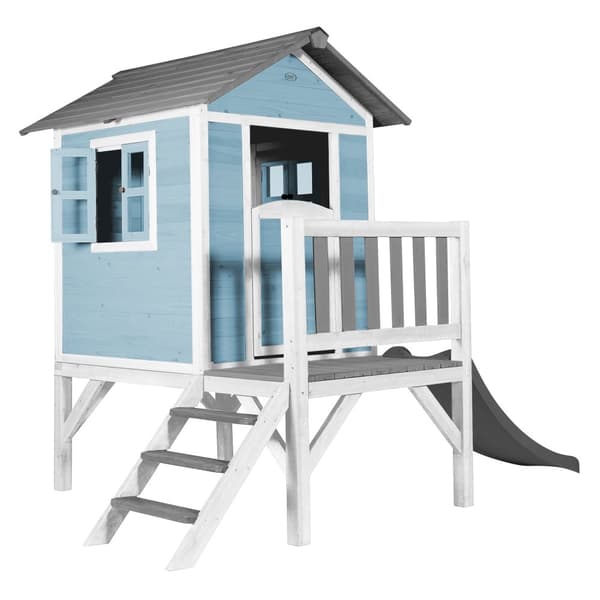AXI Beach Lodge XL leikkimökki Sininen ja AXI Lodge XL leikkimökki Karibian sininen - harmaa liukumäki | Leikkimökki tolpilla ja kuistilla SPF-puusta.