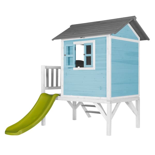 AXI Beach Lodge XL -leikkimökki, jossa on lattia ja vihreä liukumäki | Puutarha- ja ulkoleikkimökki sinisestä FSC-puusta | Lasten leikkivälineet |