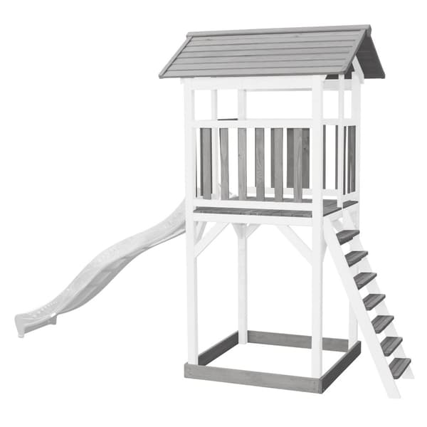 AXI Beach Tower Lekplats i trä i grått och vitt | Lekplats torn med sandlåda och vit rutschkana | Lekhus på styltor för trädgården