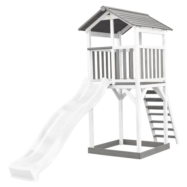 AXI Beach Tower Puinen leikkipaikka harmaalla ja valkoisella | Leikkitorni, jossa on hiekkalaatikko ja valkoinen liukumäki | Leikkimökki puupylväillä