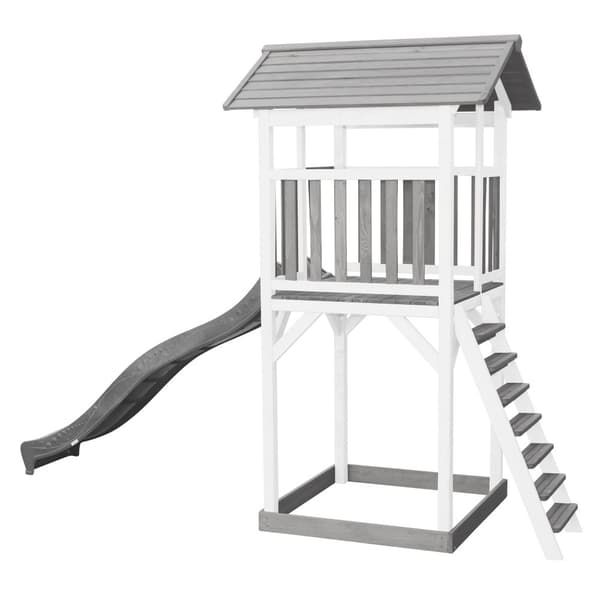 AXI Beach Tower Puiset leikkivälineet harmaalla ja valkoisella | Leikkitorni, jossa hiekkalaatikko ja harmaa liukumäki