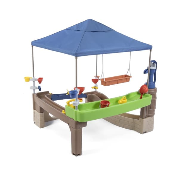 Step2 Pump &amp; Splash Shady Oasis lekhus med vattenleksaker | Uteplats i plast för barn med vattenpump, vattenbord och tillbehör