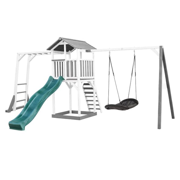 AXI Beach Tower Lekplats Lekplats i trä i grått och vitt | Lekplats med sandlåda, klätterställning, häckningsgunga och grön rutschkana | Lekstuga på