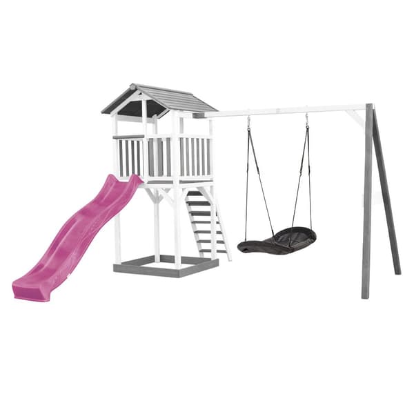 AXI Beach Tower -leikkimökki harmaalla ja valkoisella | leikkimökki, jossa on hiekkalaatikko, pesäkeinu ja violetti liukumäki | leikkimökki