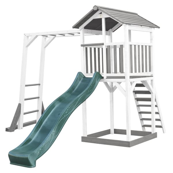 AXI Beach Tower Lekstuga i trä i grått och vitt | Lekstuga med sandlåda, klätterställning och grön rutschkana