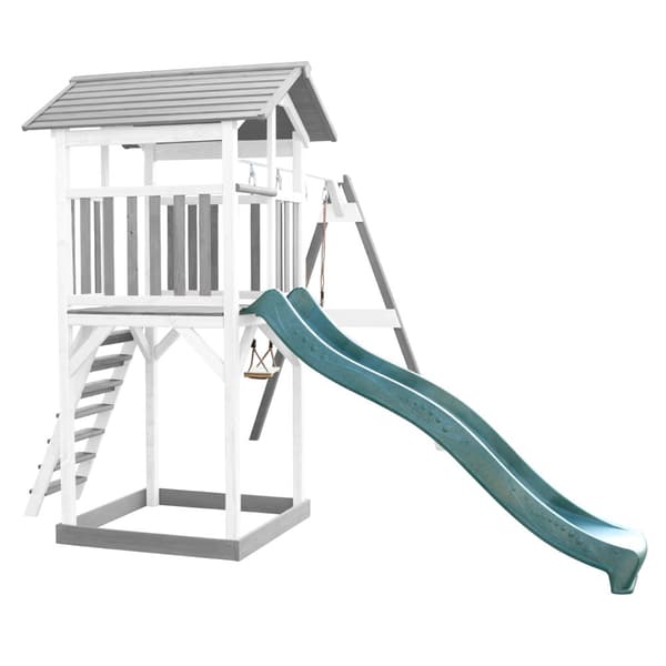 AXI Beach Tower Puinen leikkimökki harmaata ja valkoista | Leikkimökki, jossa on hiekkalaatikko, tuplakeinu ja vihreä liukumäki.