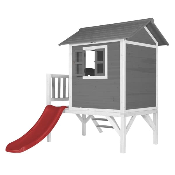 AXI Beach Lodge XL Lekhus Grå med röd rutschkana | Lekhus på styltor med veranda i FFC-trä | Små lekredskap för trädgården