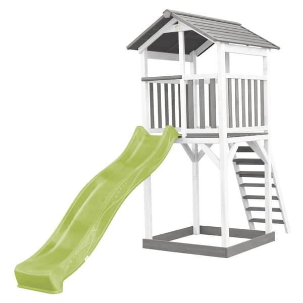 AXI Beach Tower Lekstuga i træ i grått och vitt | Lekstuga med sandlåda og limegrøn rutschkana